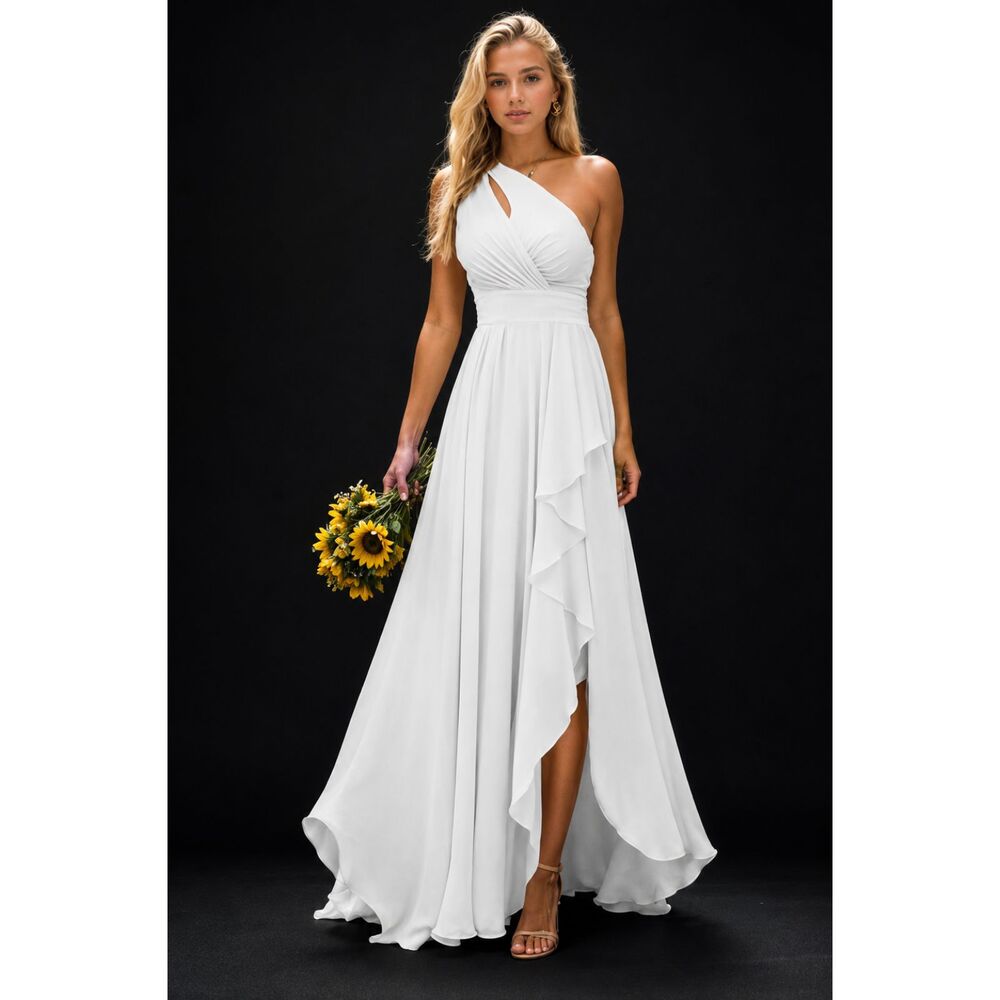 White One-Shoulder Ruffle Formal Gown Corset Back Wedding Prom Dress 8-10